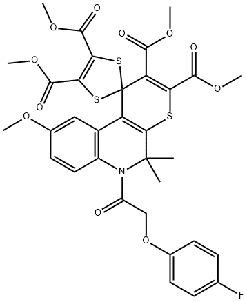 tetramethyl 6'-[(4-fluorophenoxy)acetyl]-5',5'-dimethyl-9'-methoxy-5',6'-dihydrospiro[1,3-dithiole-2,1'-(1'H)-thiopyrano[2,3-c]quinoline]-2',3',4,5-tetracarboxylate 结构式