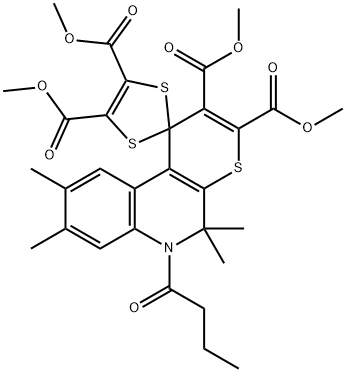 tetramethyl 6'-butyryl-5',5',8',9'-tetramethyl-5',6'-dihydrospiro[1,3-dithiole-2,1'-(1'H)-thiopyrano[2,3-c]quinoline]-2',3',4,5-tetracarboxylate Struktur