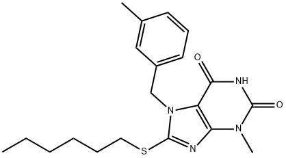 8-(hexylsulfanyl)-3-methyl-7-(3-methylbenzyl)-3,7-dihydro-1H-purine-2,6-dione 结构式