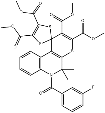 tetramethyl 6'-(3-fluorobenzoyl)-5',5'-dimethyl-5',6'-dihydrospiro(1,3-dithiole-2,1'-[1'H]-thiopyrano[2,3-c]quinoline)-2',3',4,5-tetracarboxylate Struktur