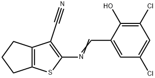 2-[(3,5-dichloro-2-hydroxybenzylidene)amino]-5,6-dihydro-4H-cyclopenta[b]thiophene-3-carbonitrile Structure