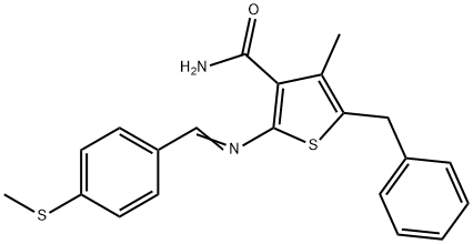 5-benzyl-4-methyl-2-{[4-(methylsulfanyl)benzylidene]amino}-3-thiophenecarboxamide 化学構造式