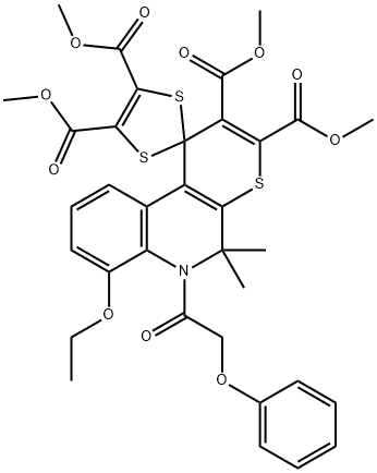 tetramethyl 8-ethoxy-5,5-dimethyl-6-(phenoxyacetyl)-5,6-dihydrospiro(1H-thiopyrano[2,3-c]quinoline-1,2'-[1,3]-dithiole)-2,3,4',5'-tetracarboxylate Struktur