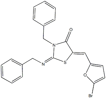3-benzyl-2-(benzylimino)-5-[(5-bromo-2-furyl)methylene]-1,3-thiazolidin-4-one 化学構造式