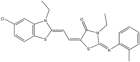 5-[2-(5-chloro-3-ethyl-1,3-benzothiazol-2(3H)-ylidene)ethylidene]-3-ethyl-2-[(2-methylphenyl)imino]-1,3-thiazolidin-4-one Struktur