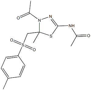 N-(4-acetyl-5-methyl-5-{[(4-methylphenyl)sulfonyl]methyl}-4,5-dihydro-1,3,4-thiadiazol-2-yl)acetamide Struktur