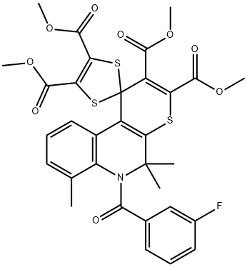 tetramethyl 6'-(3-fluorobenzoyl)-5',5',7'-trimethyl-5',6'-dihydrospiro(1,3-dithiole-2,1'-[1'H]-thiopyrano[2,3-c]quinoline)-2',3',4,5-tetracarboxylate Struktur