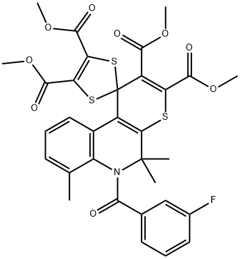 tetramethyl 6'-(3-fluorobenzoyl)-5',5',7'-trimethyl-5',6'-dihydrospiro(1,3-dithiole-2,1'-[1'H]-thiopyrano[2,3-c]quinoline)-2',3',4,5-tetracarboxylate,307340-07-4,结构式