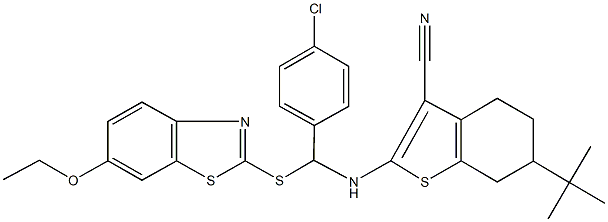 6-(tert-butyl)-2-({(4-chlorophenyl)[(6-ethoxy-1,3-benzothiazol-2-yl)sulfanyl]methyl}amino)-4,5,6,7-tetrahydro-1-benzothiophene-3-carbonitrile Struktur