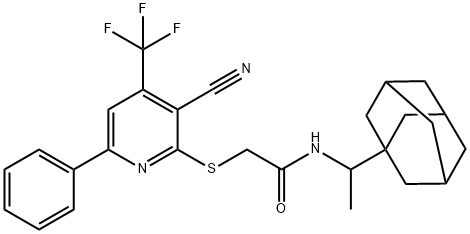 N-[1-(1-adamantyl)ethyl]-2-{[3-cyano-6-phenyl-4-(trifluoromethyl)-2-pyridinyl]sulfanyl}acetamide Struktur