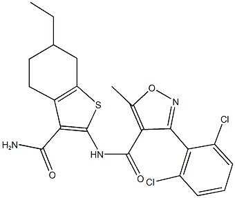 N-[3-(aminocarbonyl)-6-ethyl-4,5,6,7-tetrahydro-1-benzothien-2-yl]-3-(2,6-dichlorophenyl)-5-methyl-4-isoxazolecarboxamide Struktur