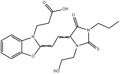 3-(2-{2-[3-(2-hydroxyethyl)-5-oxo-1-propyl-2-thioxo-4-imidazolidinylidene]ethylidene}-1,3-benzoxazol-3(2H)-yl)propanoic acid Struktur