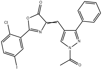 4-[(1-acetyl-3-phenyl-1H-pyrazol-4-yl)methylene]-2-(2-chloro-5-iodophenyl)-1,3-oxazol-5(4H)-one Struktur