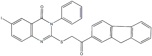 2-{[2-(9H-fluoren-2-yl)-2-oxoethyl]sulfanyl}-6-iodo-3-phenyl-4(3H)-quinazolinone 结构式