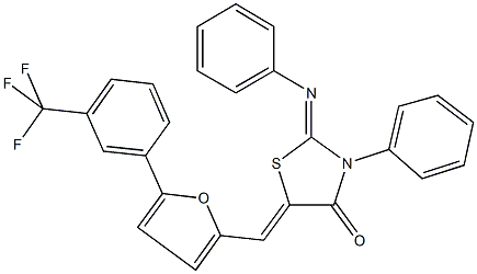 3-phenyl-2-(phenylimino)-5-({5-[3-(trifluoromethyl)phenyl]-2-furyl}methylene)-1,3-thiazolidin-4-one Struktur