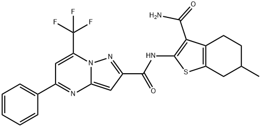 N-[3-(aminocarbonyl)-6-methyl-4,5,6,7-tetrahydro-1-benzothien-2-yl]-5-phenyl-7-(trifluoromethyl)pyrazolo[1,5-a]pyrimidine-2-carboxamide Struktur