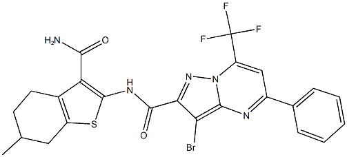 N-[3-(aminocarbonyl)-6-methyl-4,5,6,7-tetrahydro-1-benzothien-2-yl]-3-bromo-5-phenyl-7-(trifluoromethyl)pyrazolo[1,5-a]pyrimidine-2-carboxamide Struktur