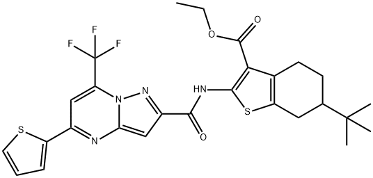 ethyl 6-tert-butyl-2-({[5-(2-thienyl)-7-(trifluoromethyl)pyrazolo[1,5-a]pyrimidin-2-yl]carbonyl}amino)-4,5,6,7-tetrahydro-1-benzothiophene-3-carboxylate Struktur