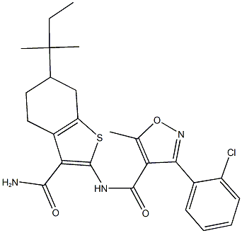 N-[3-(aminocarbonyl)-6-tert-pentyl-4,5,6,7-tetrahydro-1-benzothien-2-yl]-3-(2-chlorophenyl)-5-methyl-4-isoxazolecarboxamide Struktur