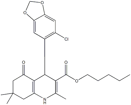 pentyl 4-(6-chloro-1,3-benzodioxol-5-yl)-2,7,7-trimethyl-5-oxo-1,4,5,6,7,8-hexahydroquinoline-3-carboxylate,313971-20-9,结构式