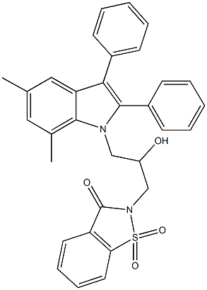 2-[3-(5,7-dimethyl-2,3-diphenyl-1H-indol-1-yl)-2-hydroxypropyl]-1,2-benzisothiazol-3(2H)-one 1,1-dioxide Struktur
