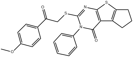2-{[2-(4-methoxyphenyl)-2-oxoethyl]sulfanyl}-3-phenyl-3,5,6,7-tetrahydro-4H-cyclopenta[4,5]thieno[2,3-d]pyrimidin-4-one Struktur