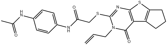 N-[4-(acetylamino)phenyl]-2-[(3-allyl-4-oxo-3,5,6,7-tetrahydro-4H-cyclopenta[4,5]thieno[2,3-d]pyrimidin-2-yl)sulfanyl]acetamide Struktur