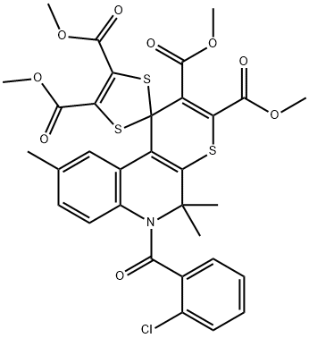 tetramethyl 6'-(2-chlorobenzoyl)-5',5',9'-trimethyl-5',6'-dihydrospiro[1,3-dithiole-2,1'-(1'H)-thiopyrano[2,3-c]quinoline]-2',3',4,5-tetracarboxylate Struktur