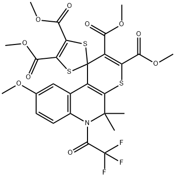 tetramethyl 9-methoxy-5,5-dimethyl-6-(trifluoroacetyl)-5,6-dihydrospiro(1H-thiopyrano[2,3-c]quinoline-1,2'-[1,3]-dithiole)-2,3,4',5'-tetracarboxylate Struktur