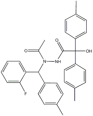 N'-acetyl-N'-[(2-fluorophenyl)(4-methylphenyl)methyl]-2-hydroxy-2,2-bis(4-methylphenyl)acetohydrazide Struktur