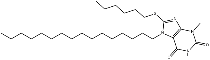 7-hexadecyl-8-(hexylsulfanyl)-3-methyl-3,7-dihydro-1H-purine-2,6-dione Struktur