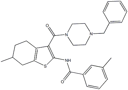 N-{3-[(4-benzyl-1-piperazinyl)carbonyl]-6-methyl-4,5,6,7-tetrahydro-1-benzothien-2-yl}-3-methylbenzamide,329068-52-2,结构式
