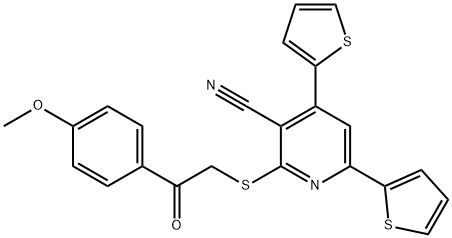 2-{[2-(4-methoxyphenyl)-2-oxoethyl]sulfanyl}-4,6-di(2-thienyl)nicotinonitrile Struktur