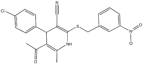 5-acetyl-4-(4-chlorophenyl)-2-({3-nitrobenzyl}sulfanyl)-6-methyl-1,4-dihydro-3-pyridinecarbonitrile Struktur