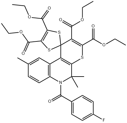 tetraethyl 6-(4-fluorobenzoyl)-5,5,9-trimethyl-5,6-dihydrospiro(1H-thiopyrano[2,3-c]quinoline-1,2'-1,3-dithiole)-2,3,4',5'-tetracarboxylate Structure