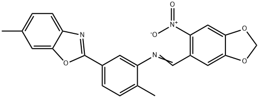 2-{3-[({6-nitro-1,3-benzodioxol-5-yl}methylene)amino]-4-methylphenyl}-6-methyl-1,3-benzoxazole Struktur