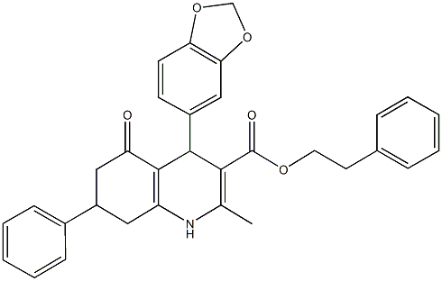 2-phenylethyl 4-(1,3-benzodioxol-5-yl)-2-methyl-5-oxo-7-phenyl-1,4,5,6,7,8-hexahydro-3-quinolinecarboxylate Struktur