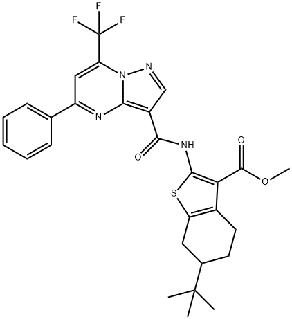 methyl 6-tert-butyl-2-({[5-phenyl-7-(trifluoromethyl)pyrazolo[1,5-a]pyrimidin-3-yl]carbonyl}amino)-4,5,6,7-tetrahydro-1-benzothiophene-3-carboxylate Struktur