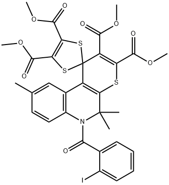 tetramethyl 5',5',9'-trimethyl-6'-(2-iodobenzoyl)-5',6'-dihydrospiro[1,3-dithiole-2,1'-(1'H)-thiopyrano[2,3-c]quinoline]-2',3',4,5-tetracarboxylate Struktur