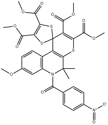 tetramethyl 8'-methoxy-5',5'-dimethyl-6'-(4-nitrobenzoyl)-5',6'-dihydrospiro[1,3-dithiole-2,1'-(1'H)-thiopyrano[2,3-c]quinoline]-2',3',4,5-dicarboxylate Struktur