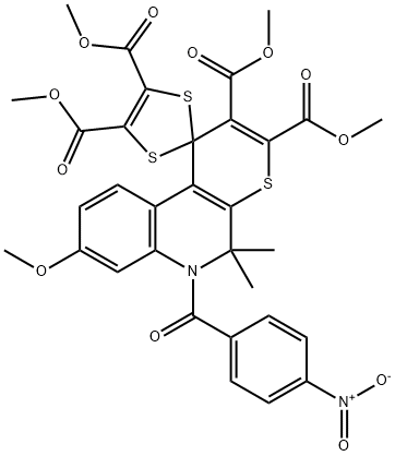 tetramethyl 8'-methoxy-5',5'-dimethyl-6'-(4-nitrobenzoyl)-5',6'-dihydrospiro[1,3-dithiole-2,1'-(1'H)-thiopyrano[2,3-c]quinoline]-2',3',4,5-dicarboxylate Structure