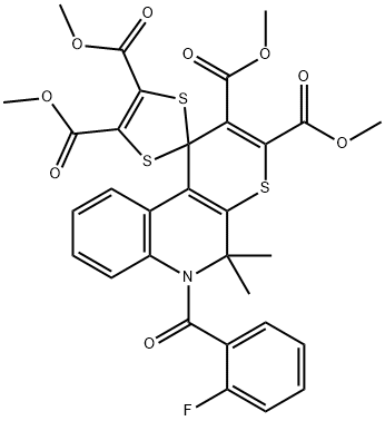 tetramethyl 6-(2-fluorobenzoyl)-5,5-dimethyl-5,6-dihydrospiro(1H-thiopyrano[2,3-c]quinoline-1,2-[1,3]-dithiole)-2,3,4',5'-tetracarboxylate Struktur