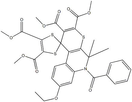 tetramethyl 7-ethoxy-5,5-dimethyl-6-benzoyl-5,6-dihydrospiro(1H-thiopyrano[2,3-c]quinoline-1,2'-[1,3]-dithiole)-2,3,4',5'-tetracarboxylate Struktur