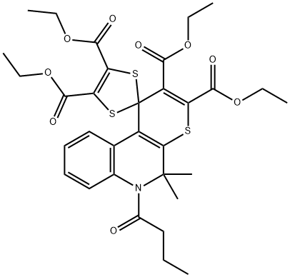 tetraethyl 6'-butyryl-5',5'-dimethyl-5',6'-dihydrospiro(1,3-dithiole-2,1'-[1'H]-thiopyrano[2,3-c]quinoline)-2',3',4,5-tetracarboxylate Struktur