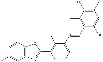 4-chloro-3,5-dimethyl-2-({[2-methyl-3-(5-methyl-1,3-benzoxazol-2-yl)phenyl]imino}methyl)phenol Struktur