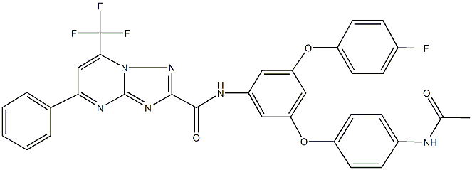 N-{3-{[4-(acetylamino)phenyl]oxy}-5-[(4-fluorophenyl)oxy]phenyl}-5-phenyl-7-(trifluoromethyl)[1,2,4]triazolo[1,5-a]pyrimidine-2-carboxamide Struktur