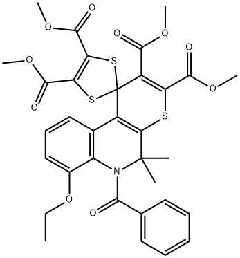 tetramethyl 6'-benzoyl-7'-ethoxy-5',5'-dimethyl-5',6'-dihydrospiro[1,3-dithiole-2,1'-(1'H)-thiopyrano[2,3-c]quinoline]-2',3',4,5-tetracarboxylate Struktur