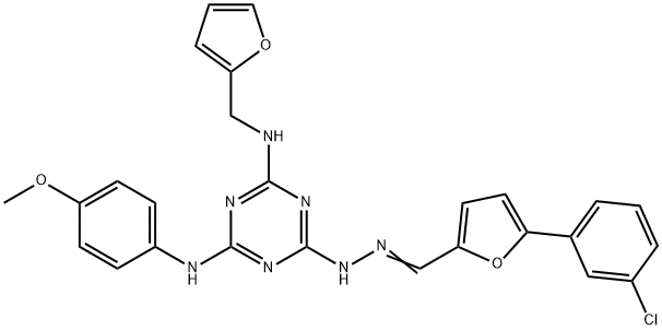 5-(3-chlorophenyl)-2-furaldehyde [4-[(2-furylmethyl)amino]-6-(4-methoxyanilino)-1,3,5-triazin-2-yl]hydrazone Struktur