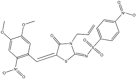 N-(3-allyl-5-{2-nitro-4,5-dimethoxybenzylidene}-4-oxo-1,3-thiazolidin-2-ylidene)-4-nitrobenzenesulfonamide 结构式