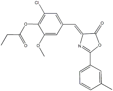 2-chloro-6-methoxy-4-[(2-(3-methylphenyl)-5-oxo-1,3-oxazol-4(5H)-ylidene)methyl]phenyl propionate Struktur